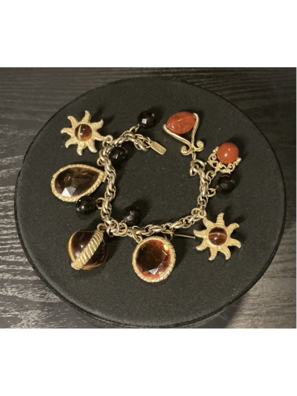 Vtg Accessocraft NYC Egyptian Revival Scarab Sun Charm Bracelet AmberTopaz Glass